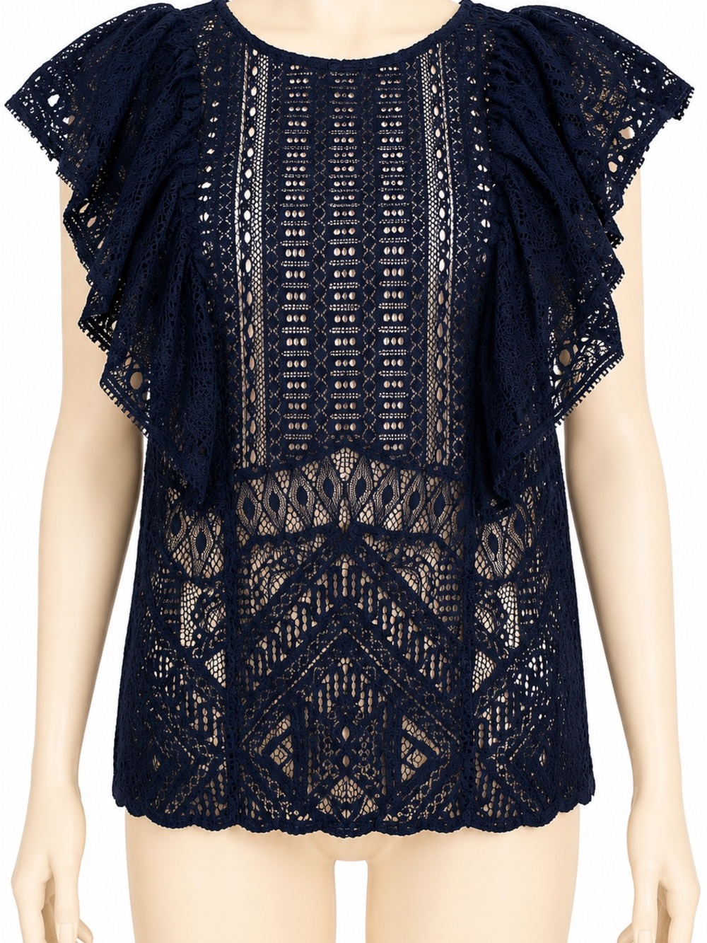 BCBGMAXAZRIA Navy Lace Ruffle Sleeve Crochet Top Size S